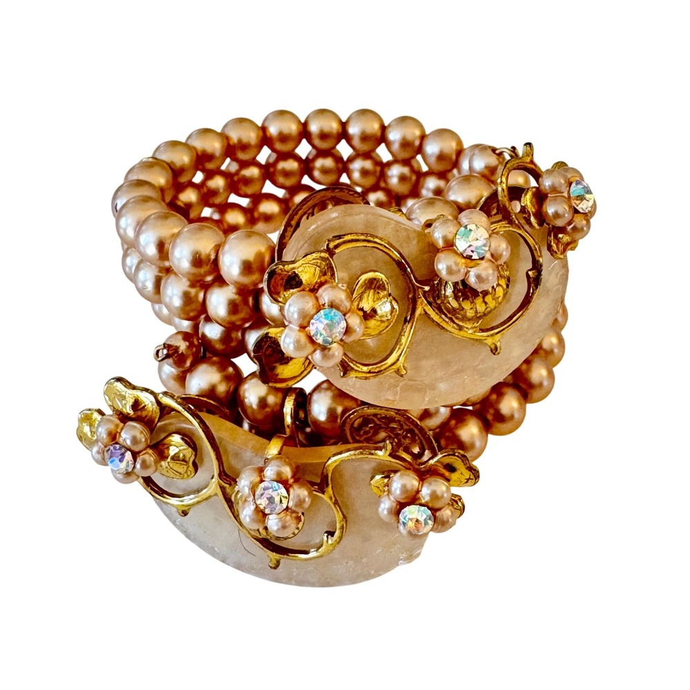 Vintage Rose Pink Pearl, Floral Rhinestone Coil Expansion Bracelet Coquette Girl